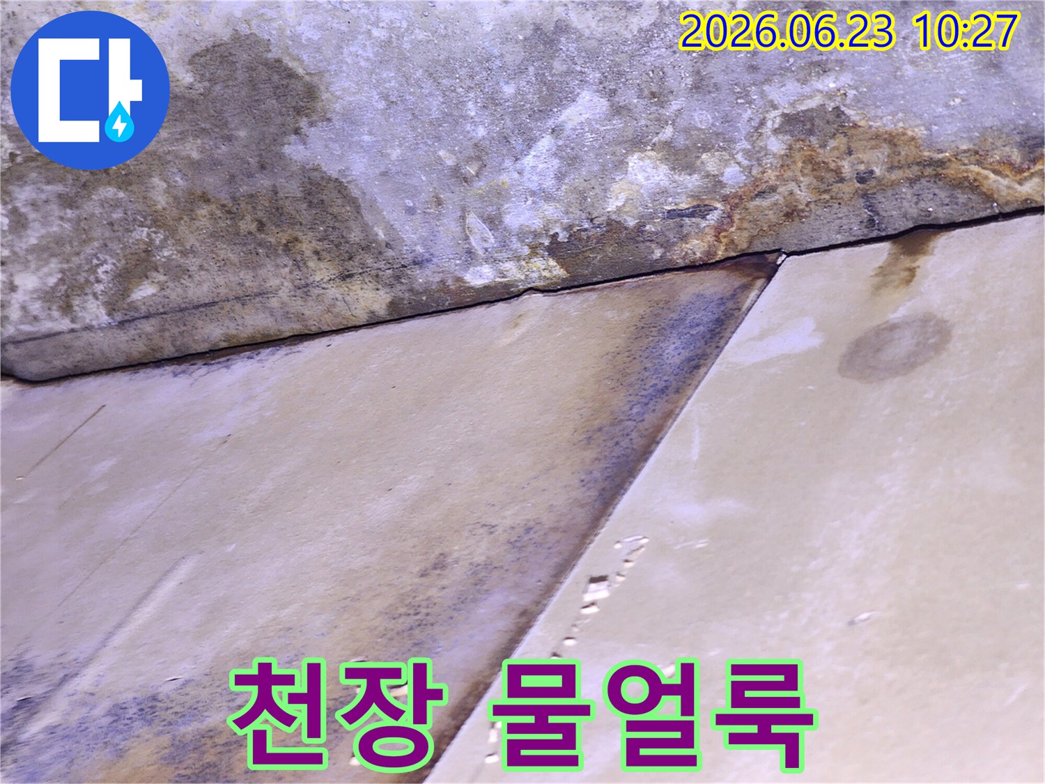 천장 표면에 물이 스며들어 생긴 얼룩과-변색이 뚜렷하게 보이는-누수 현장의 상세 모습