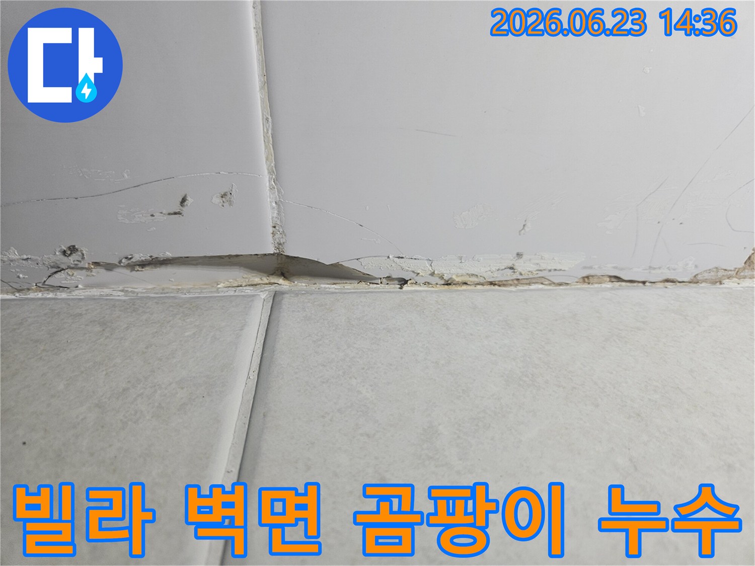 빌라-벽면-상단-경계에서-누수로-인해-벽지가-들뜨고-곰팡이가-생긴-심각한-손상-상황