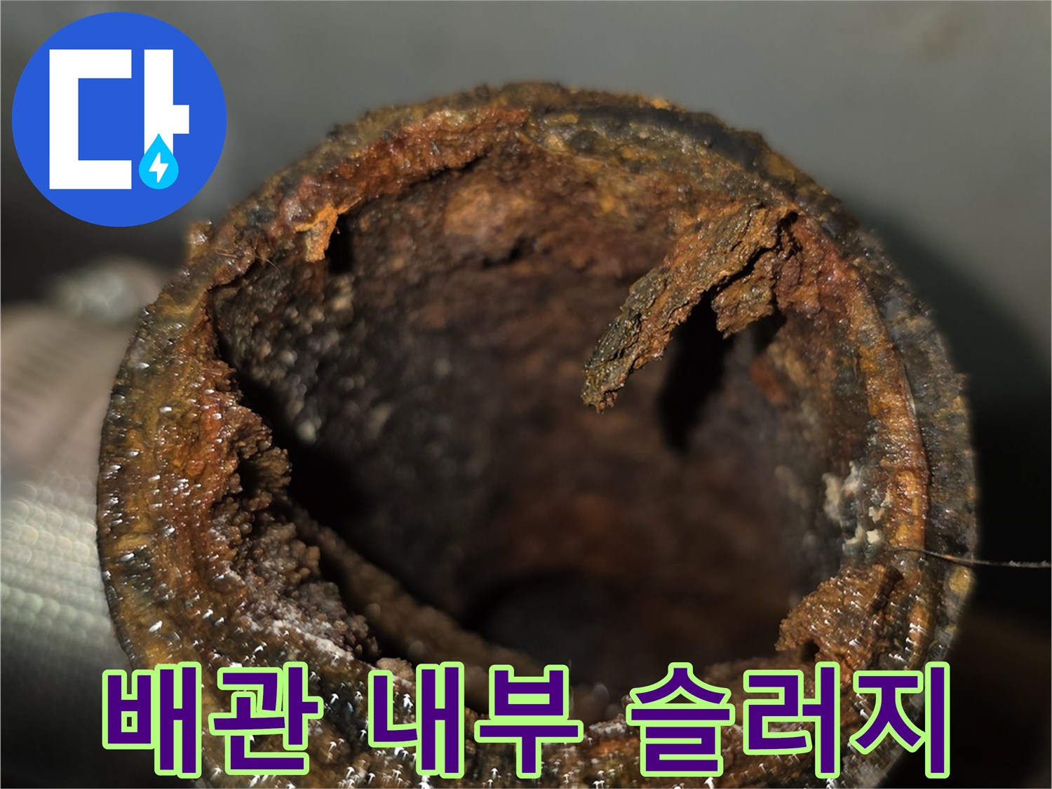 욕실 천장 하수 배관 내부에 쌓인 오물과 슬러지 상태