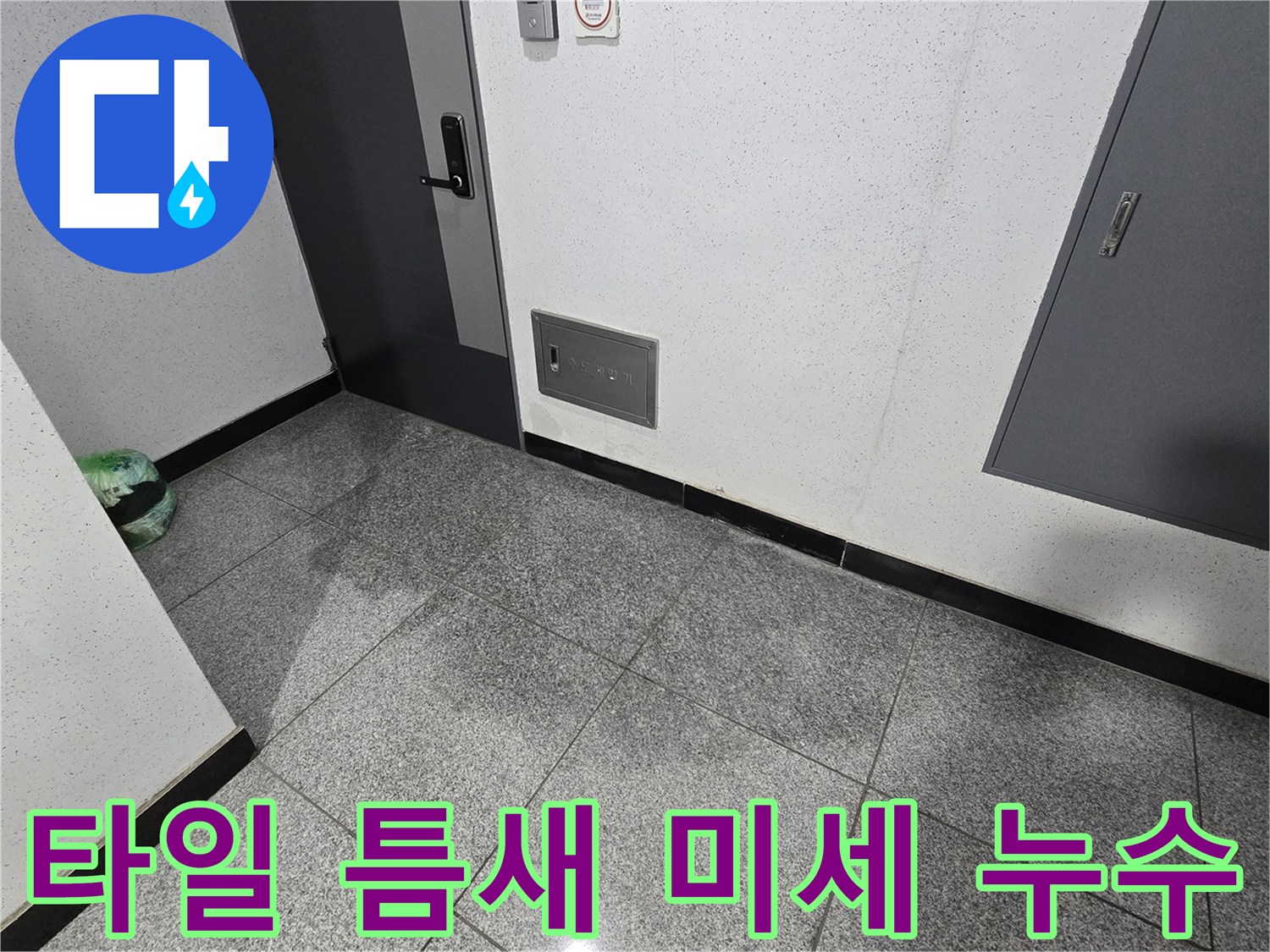 서울 강서구 화곡동 아파트 3층 바닥 타일 틈새에 물기가 보이는 사진으로-미세 누수가 의심되는 상황입니다-전문가가 현장을 방문하여 정밀 탐지를 진행하고 있습니다.