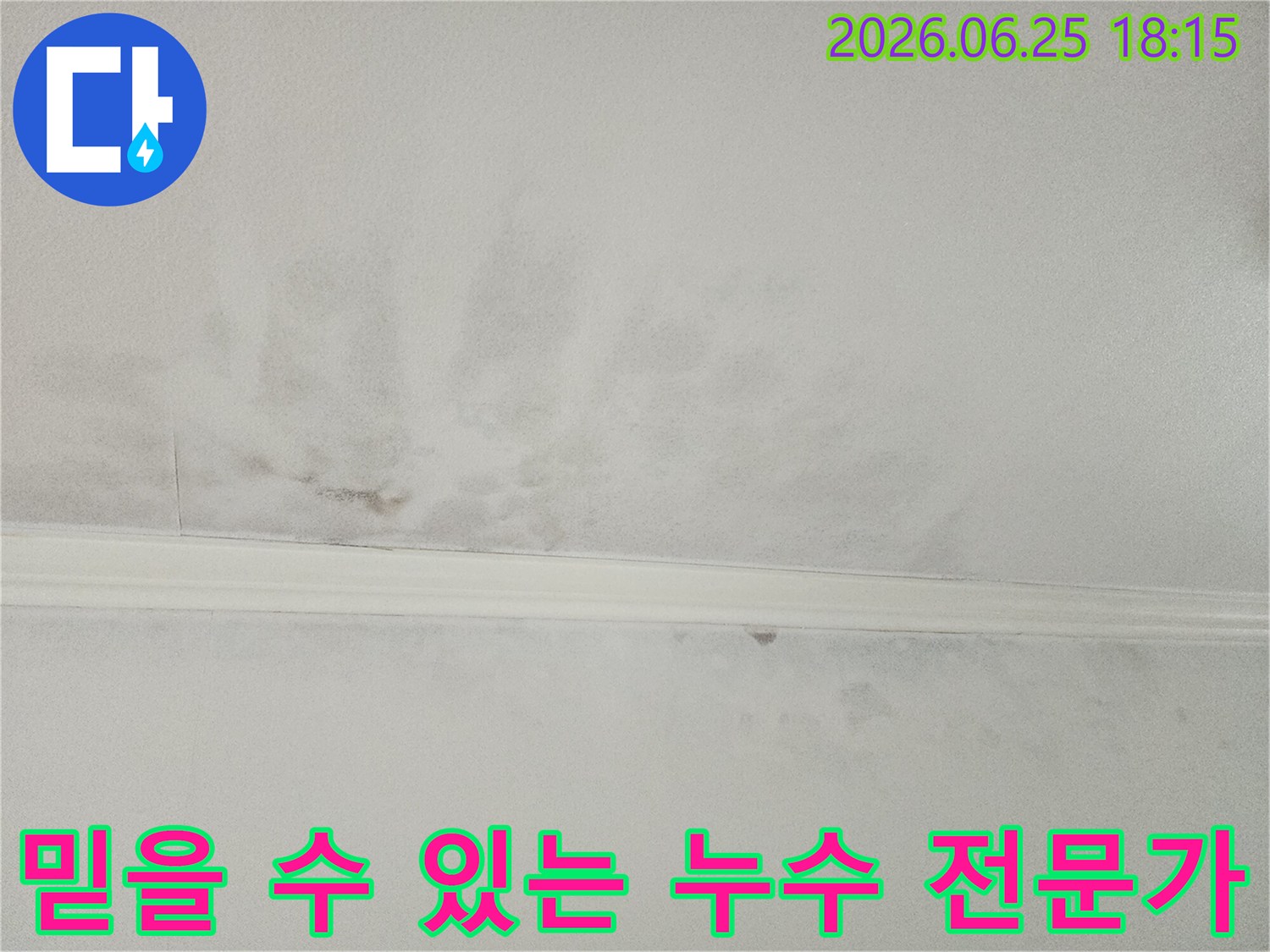 누수로 얼룩진-천장을-진지하게 살피며-고객님의 신뢰를-얻기 위해-최선을 다하는-전문 엔지니어의-모습입니다