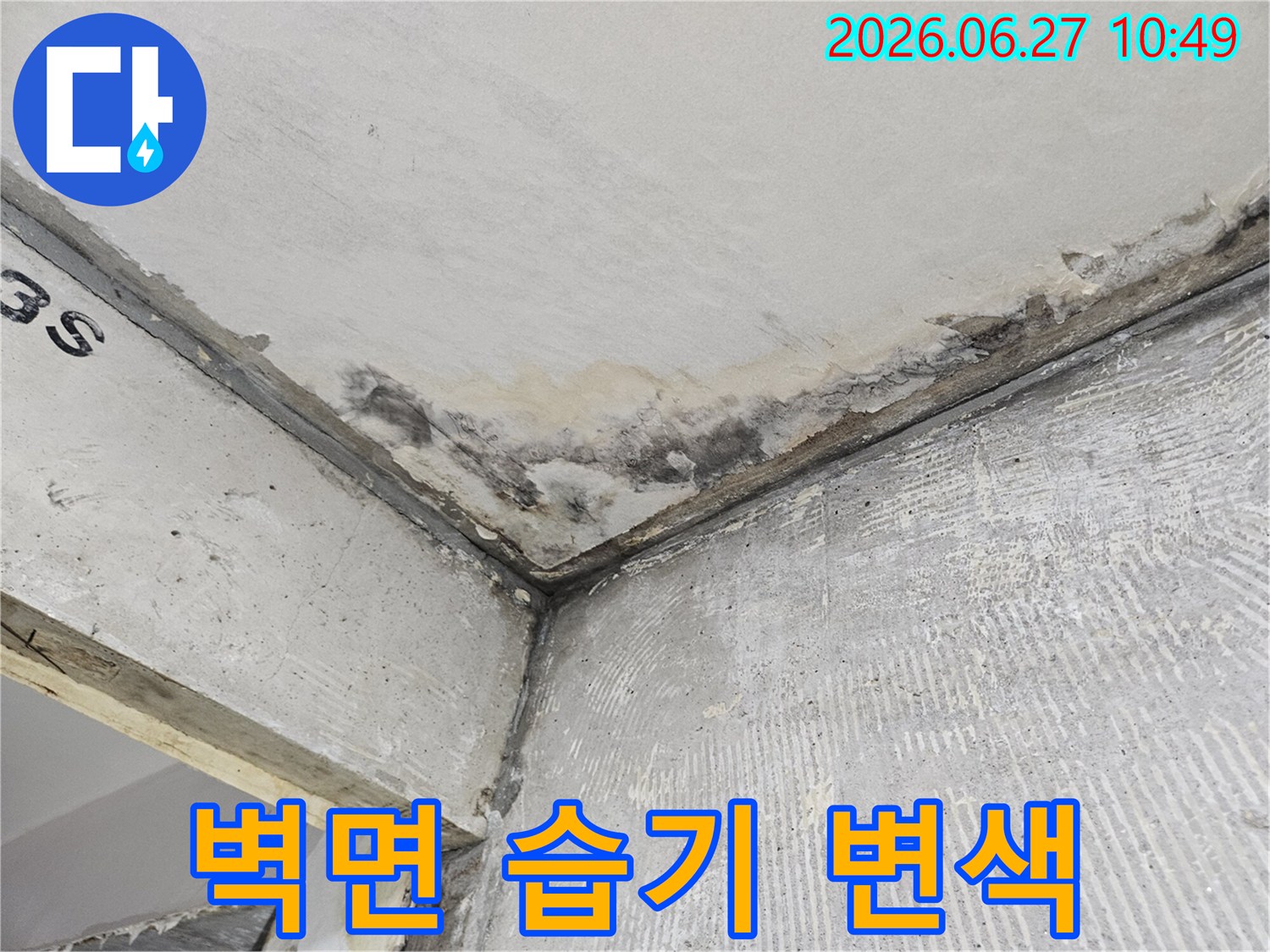 벽과 천장이 만나는 부분에-습기로 인한 콘크리트 변색과-부분적인 곰팡이가 관찰됩니다