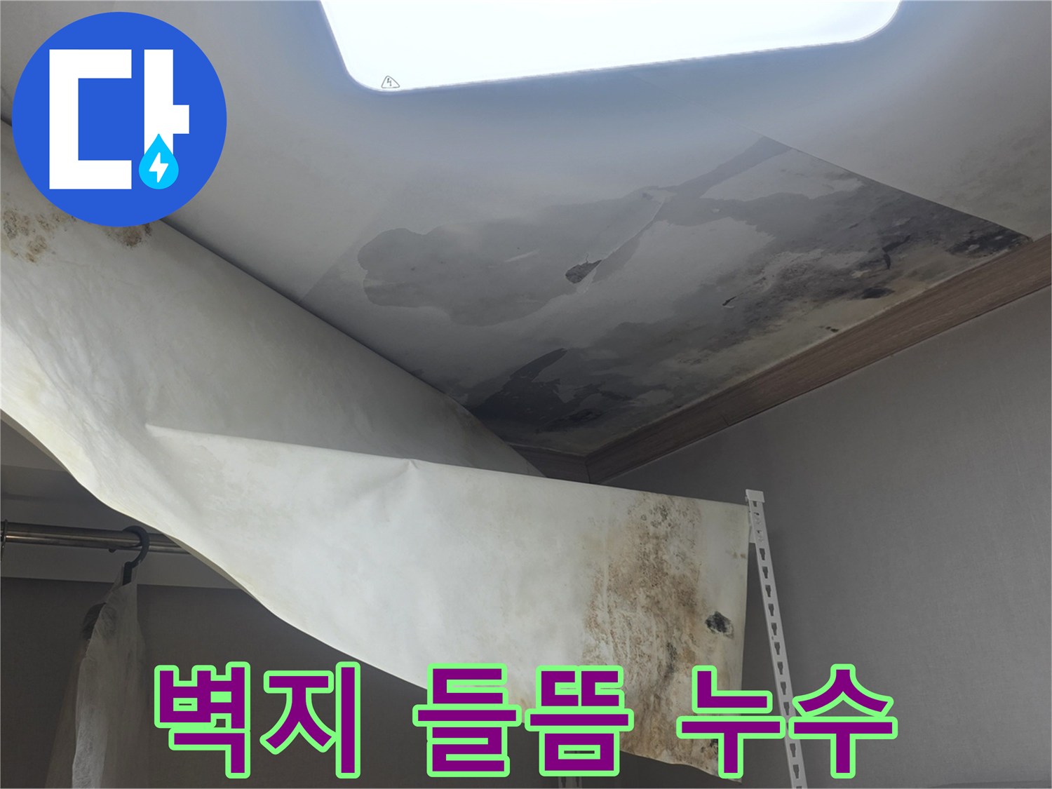 천장 벽지가 물에 젖어-심하게 들뜨고-떨어져 내린-누수 현장 사진입니다