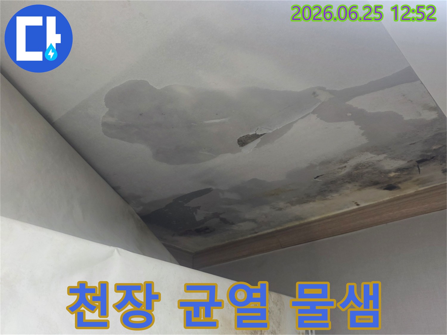 천장에 발생한 균열 사이로 물이 새어 나와 변색되고 마감재가 손상된 현장