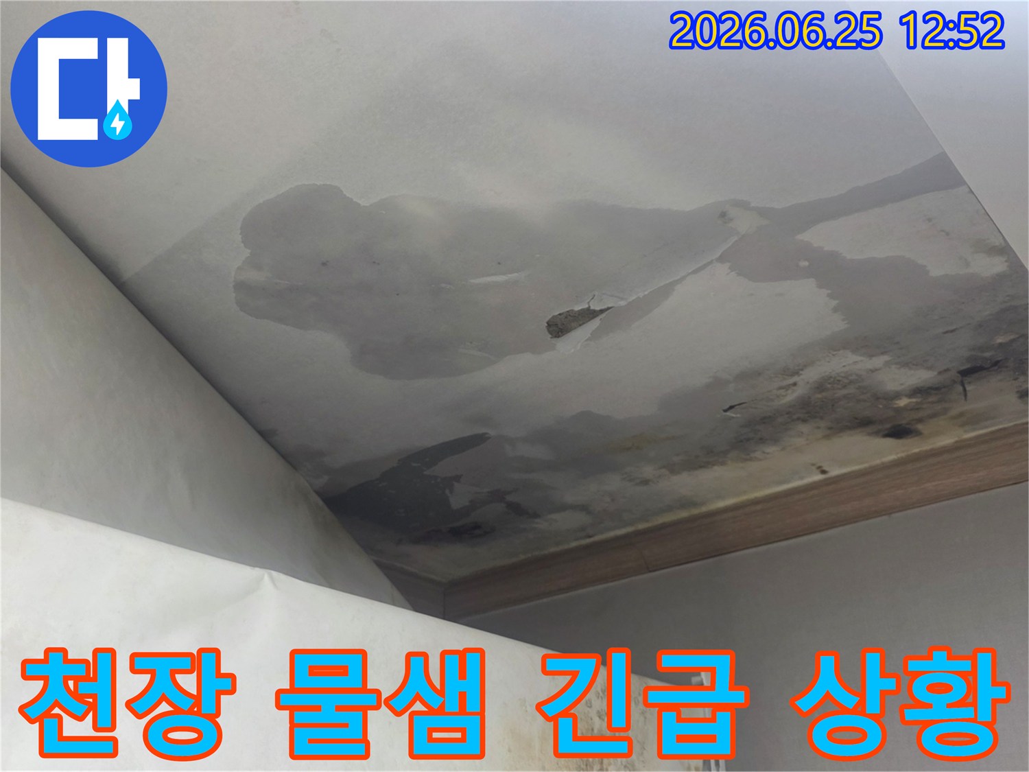 천장에서 물이 새어 마감재가 젖고 변색된 긴급한 누수 발생 현장