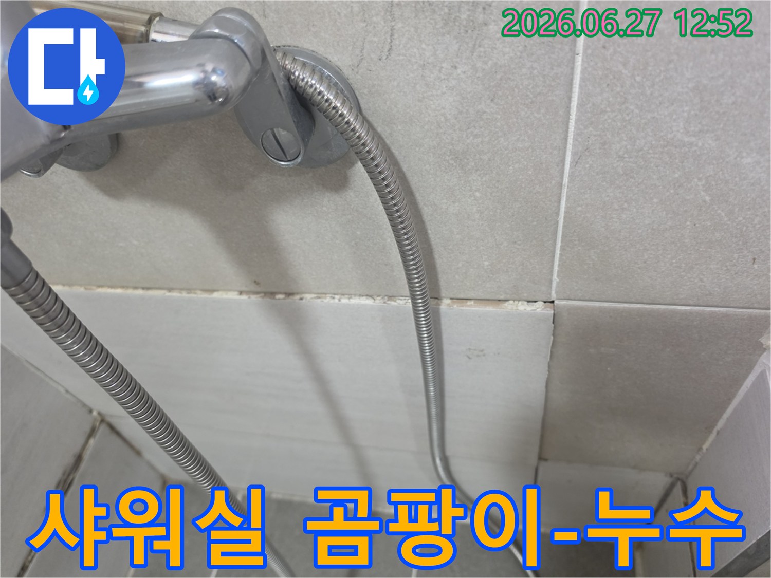 욕실 샤워 공간의 벽 타일 줄눈에 나타난-지속적인 물기로 인한 곰팡이 번식