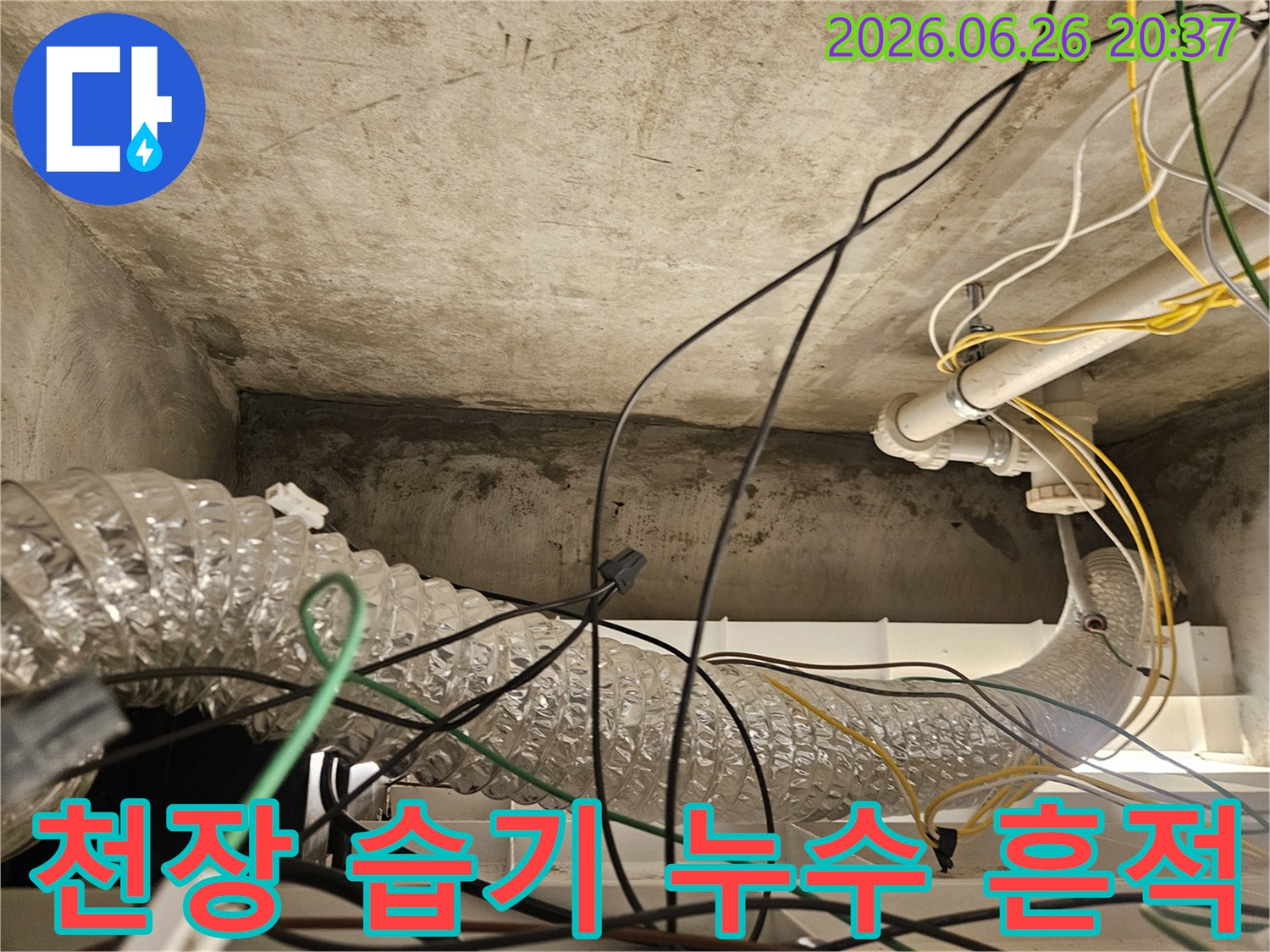 이 이미지는 천장 콘크리트 표면의 습기 흔적과-복잡한 배선-그리고 배관 구조를 통해-누수 지점을 파악하는 과정을 담고 있습니다.