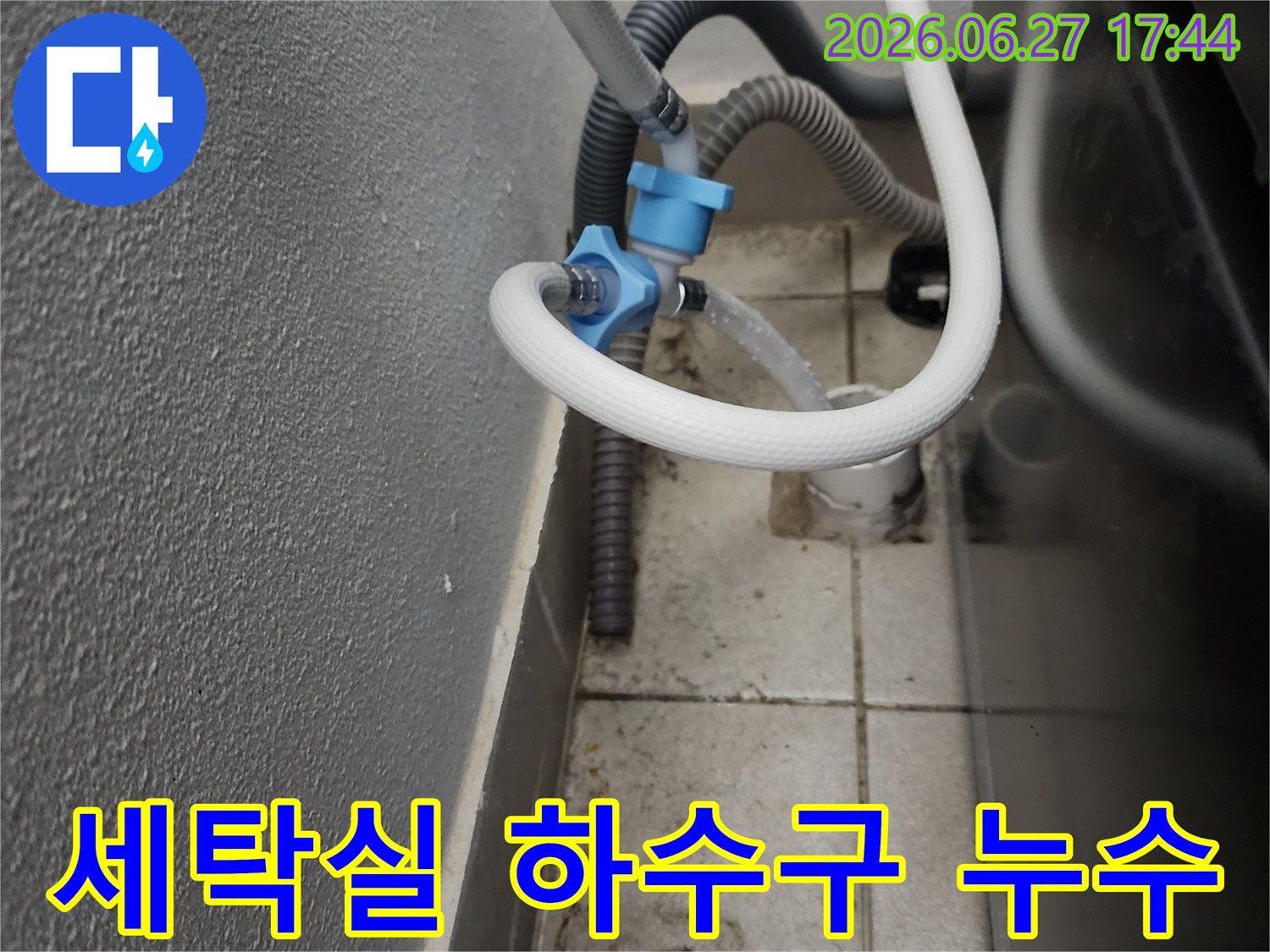 세탁실-하수구-배관-주변-벽면에서-발생한-누수-흔적과-오염을-점검하는-모습