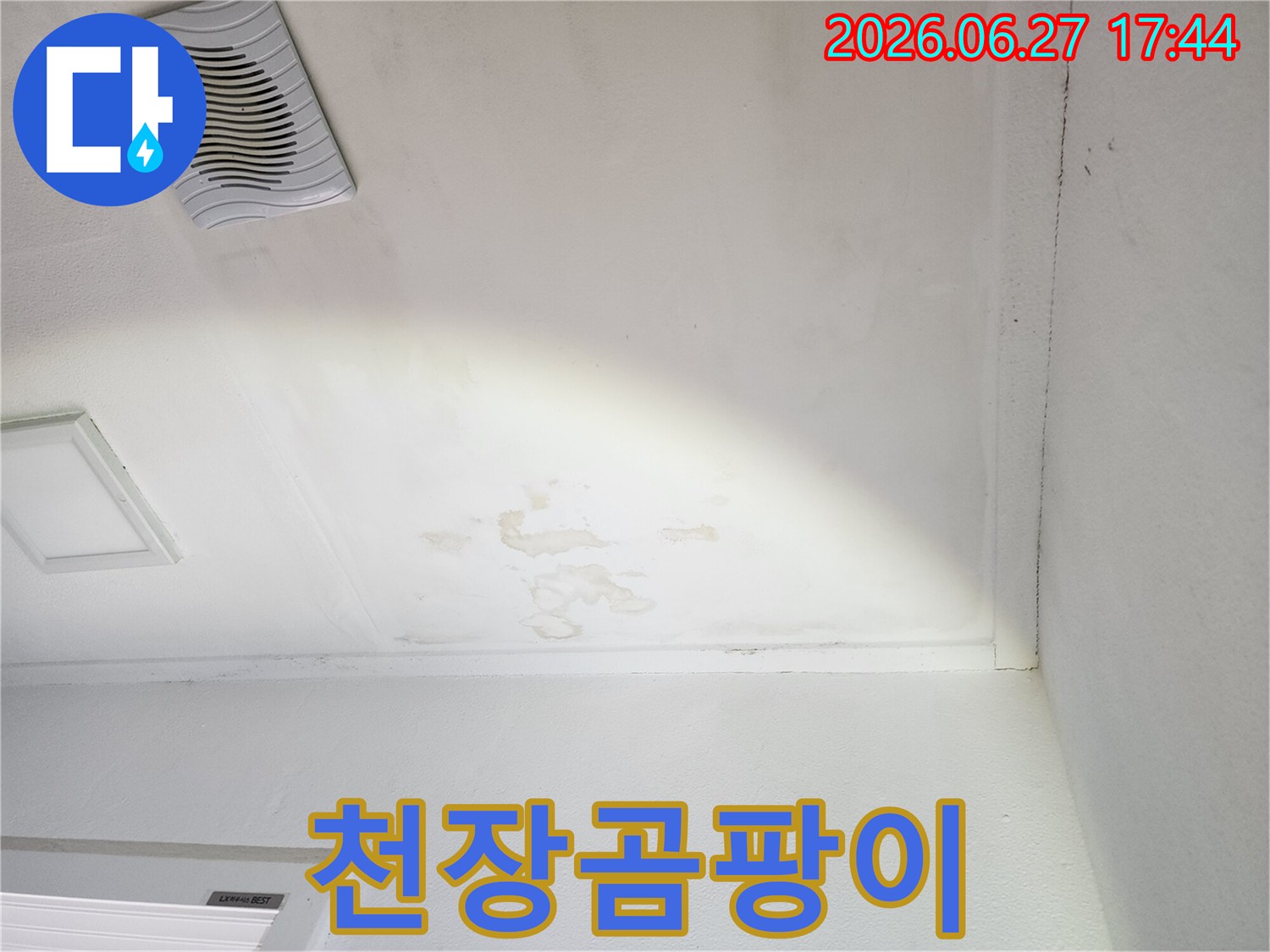 천장-마감재에-물이-스며들어-변색된-누수-현장-사진입니다.