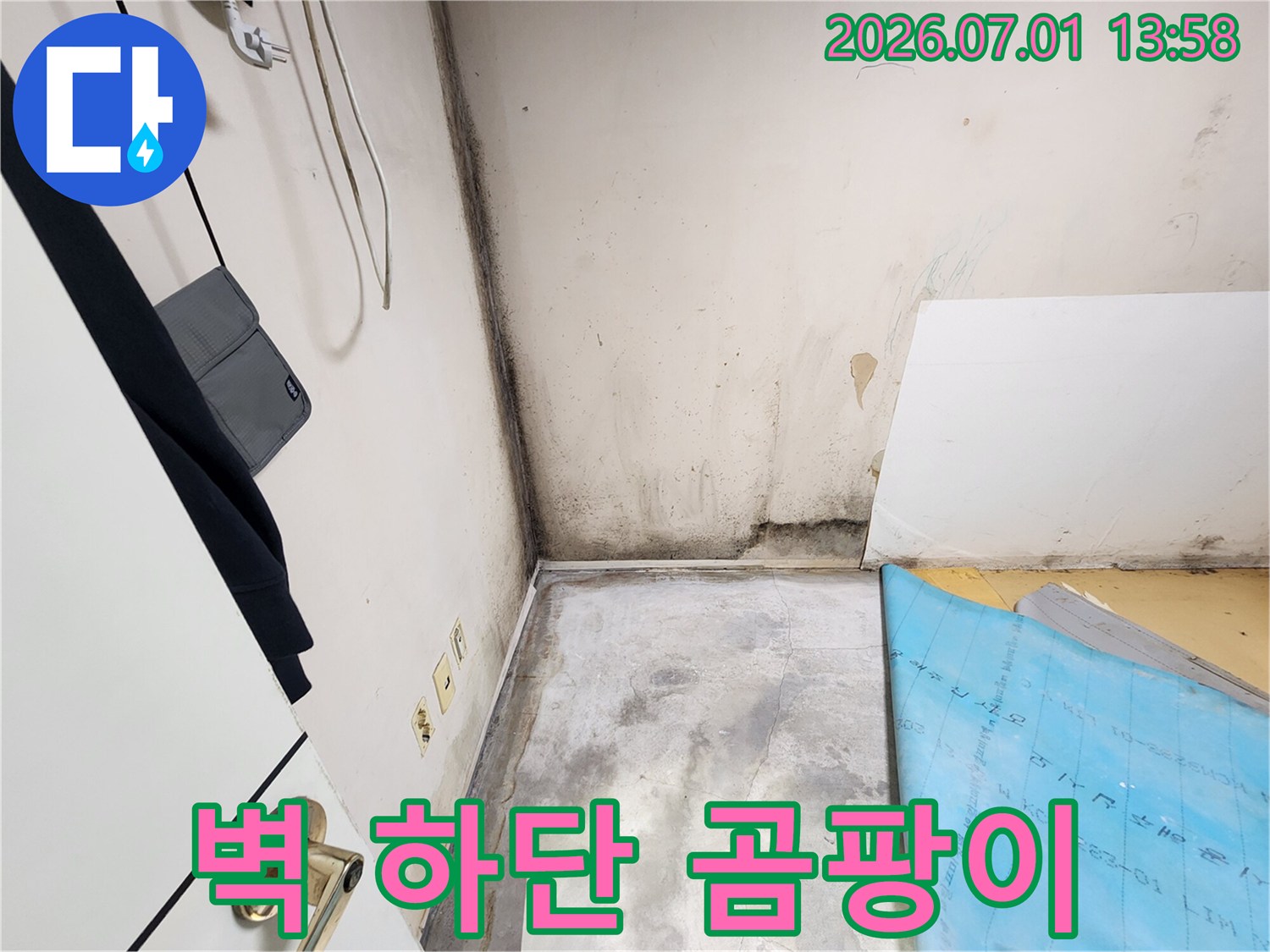 주택 내부 벽면 하단에서 발견된-오랜 기간 진행된 누수로 인한 곰팡이와 벽체 손상