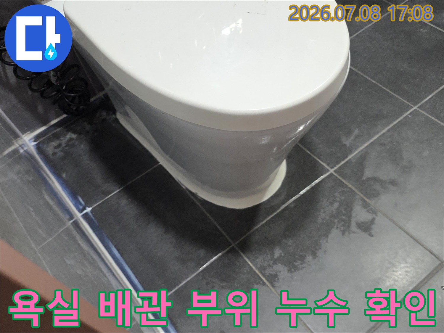 변기 하부의 물 고임과 배관 연결부를 면밀히 조사하는 사진
