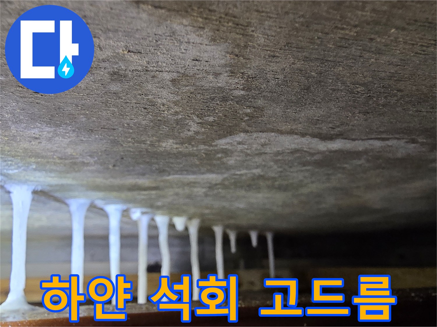 천장 하부에서 맺힌 하얀색 석회물 흔적