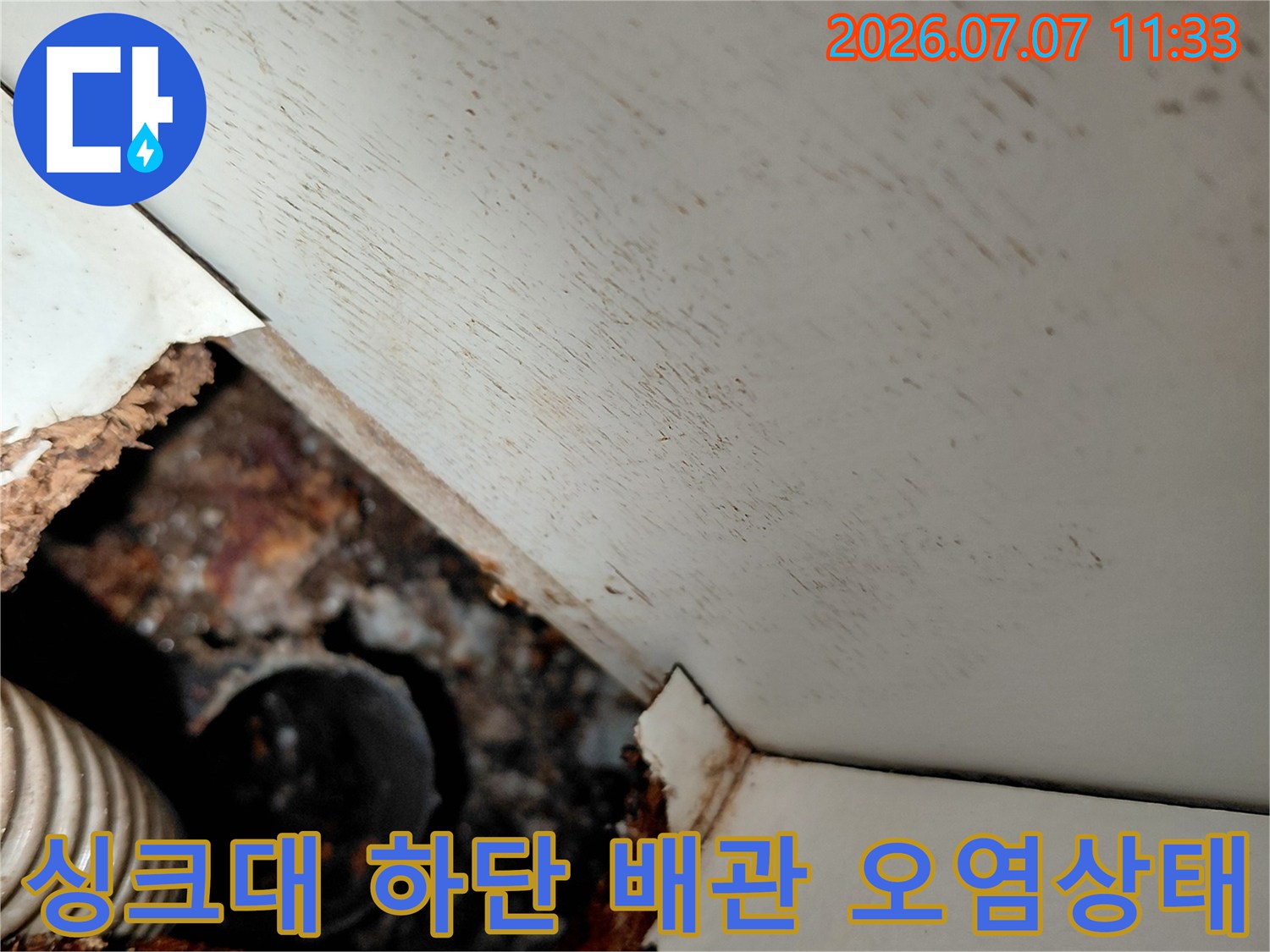 싱크대 아래 파손된 마감재 사이로 노출된 지저분한 배수관의 모습