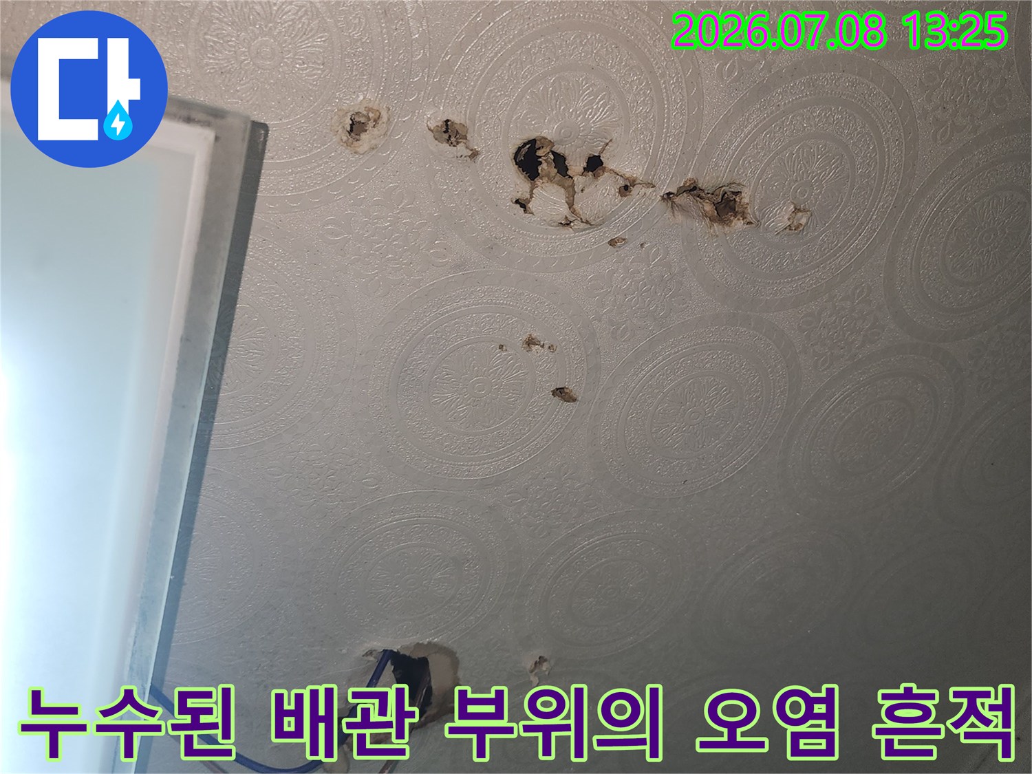 하수관 연결부 파손으로 인해 누수가 발생한 화장실 천장 모습