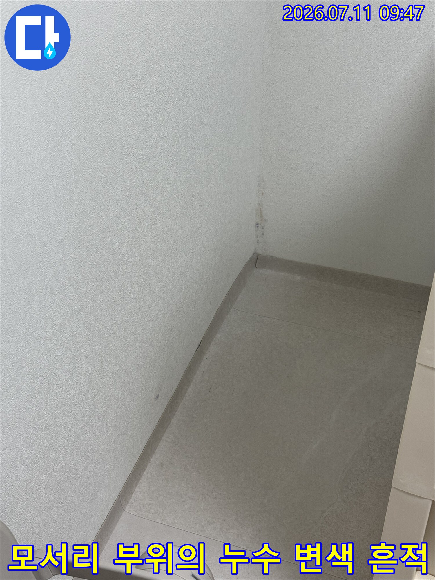 벽체 하단 모서리 부분에 발생한 습기 및 오염 상태