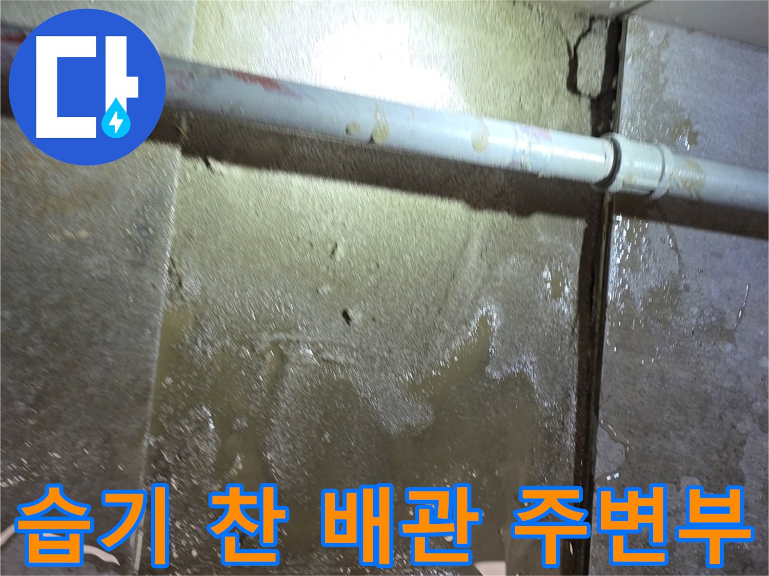 물기가 맺혀 있는 배관과 오염된 바닥 타일의 모습입니다.