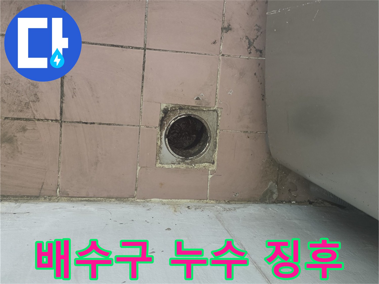 세탁기 배수구 주변 타일 틈새로 물이 스며든 모습