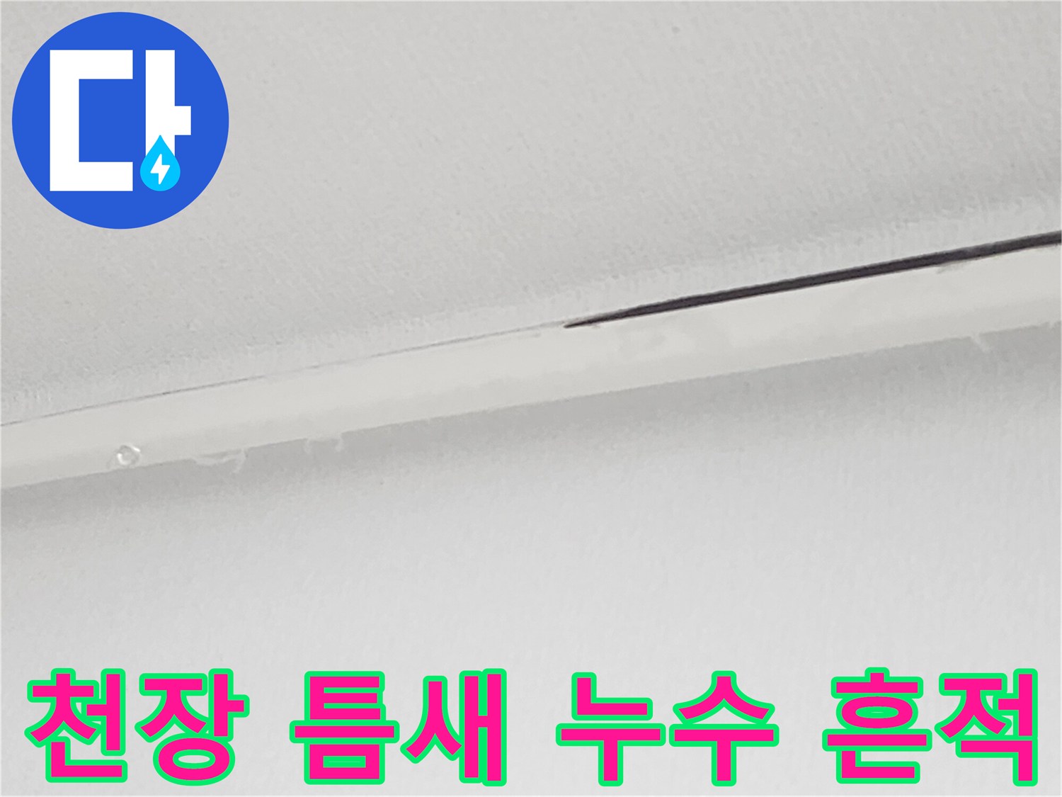 천장 마감재 사이의 물샘 흔적과 습기 침투 부위 촬영