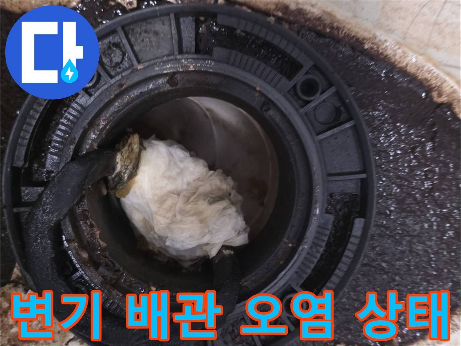 변기 탈거 후 드러난 오수관 주변의 심한 오염과 젖은 타일 모습