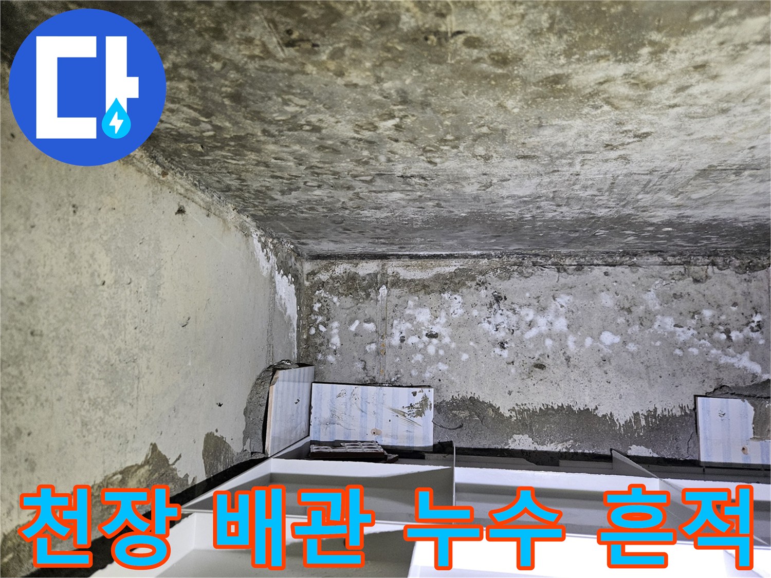 물샘 증상이 나타난-화장실 천장 벽면의-얼룩진 모습