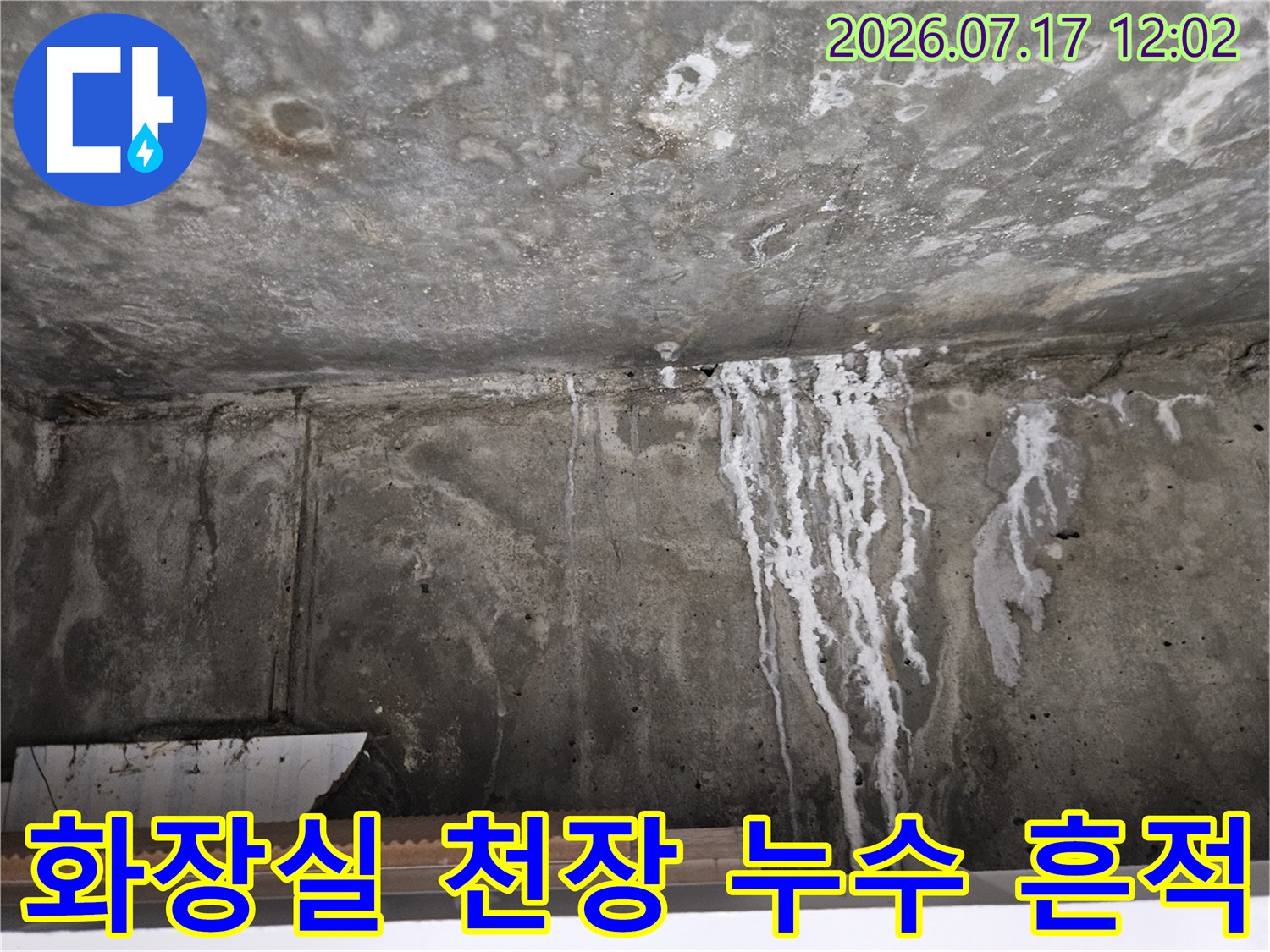 콘크리트 재질의 화장실 천장에 하얗게 내려온 누수 흔적과 얼룩이 선명하게 보이는 모습