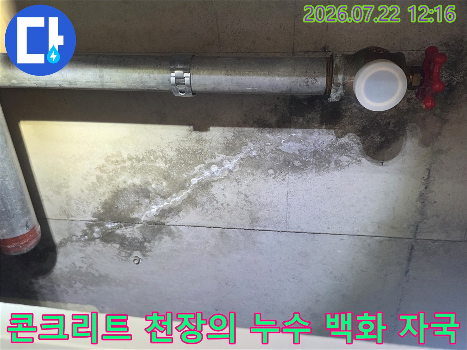 금속 배관 아래쪽 콘크리트 슬라브에 하얗게 맺힌 석회질의 백화 현상과 물 얼룩
