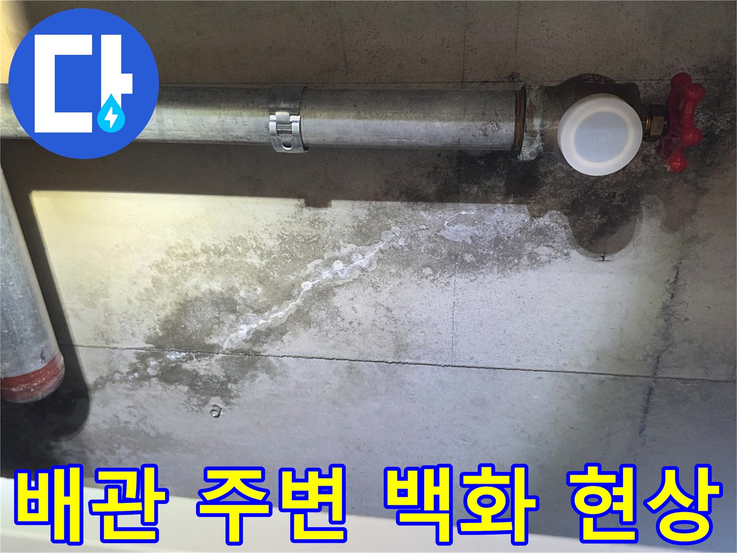 안양 비산동 현장의 배관 연결 부위와 콘크리트 슬래브 백화 현상 이미지