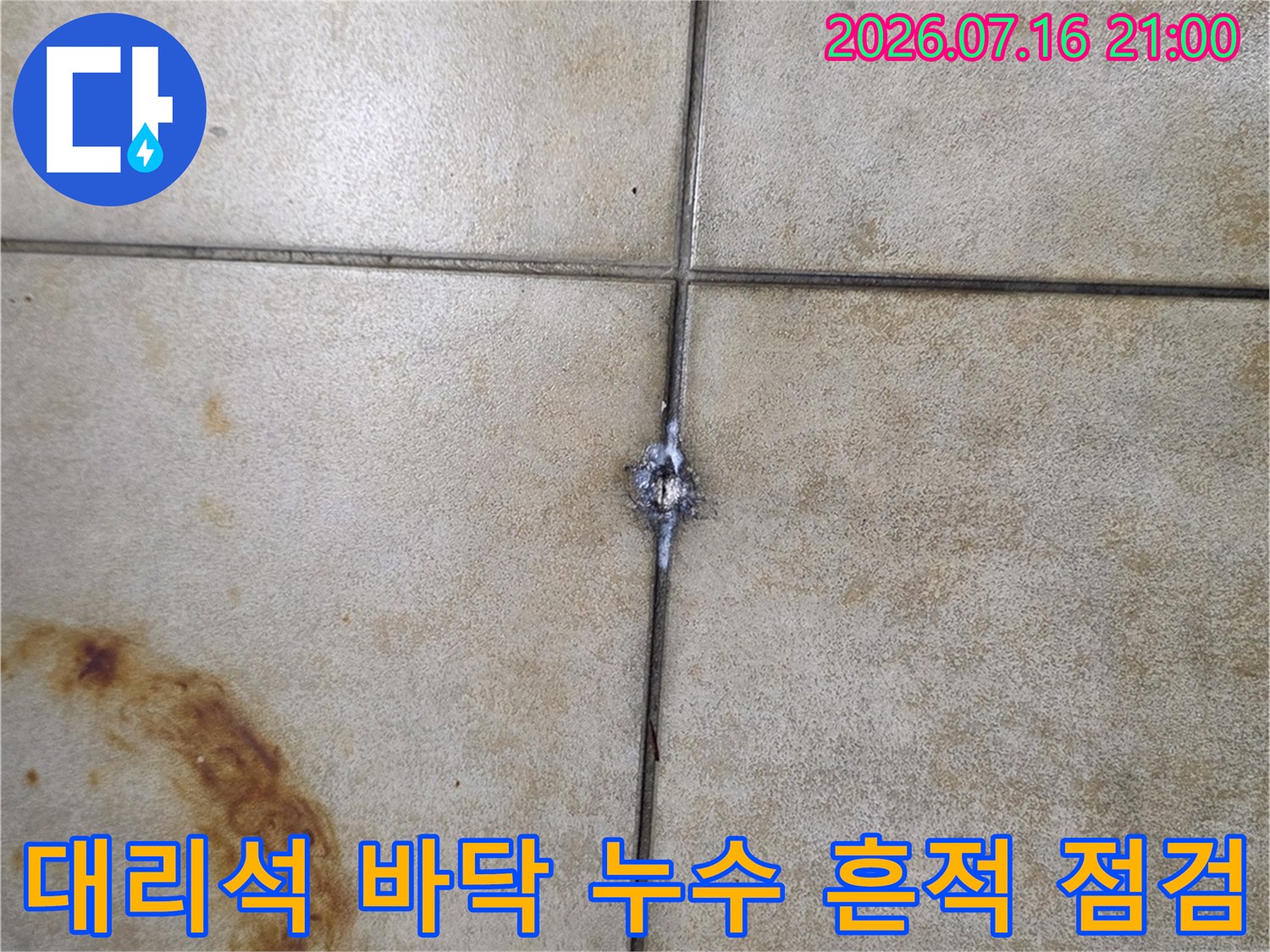 로비 대리석 타일 사이의 수분 누출과 변색 증상 촬영본
