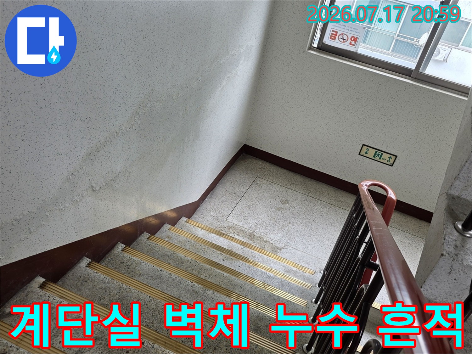 계단벽에 발생한 장기적인 물침투 현상 및 오염도 파악