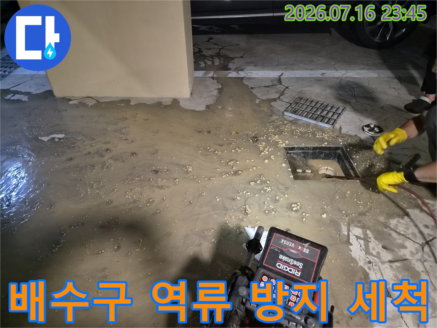 오염된 배수구 주변을 정리하며 막힌 배관 내부를 청소하는 작업 현장
