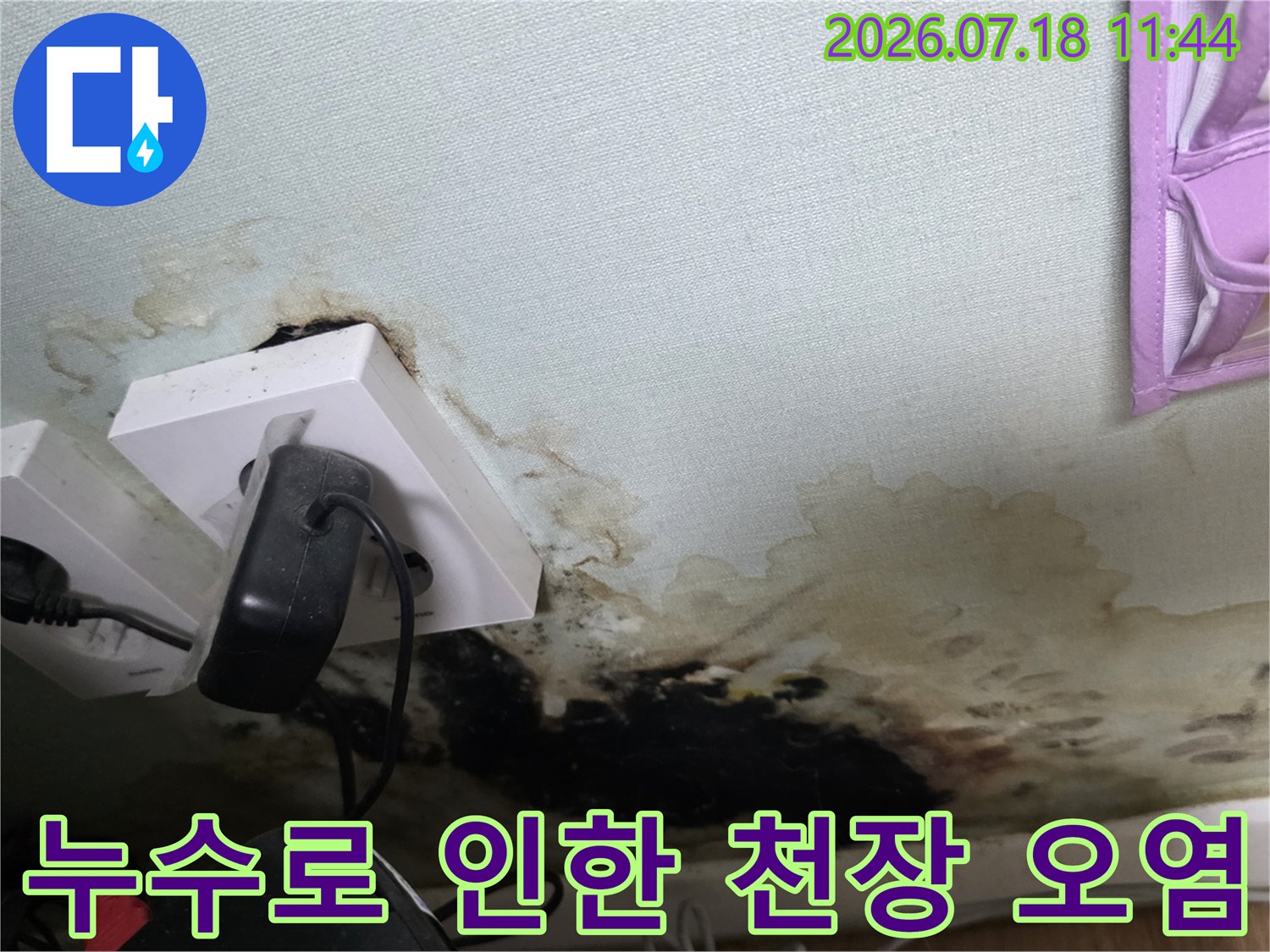 천장 배관과 콘센트 주변의 누수 흔적이 선명하게 나타난 현장