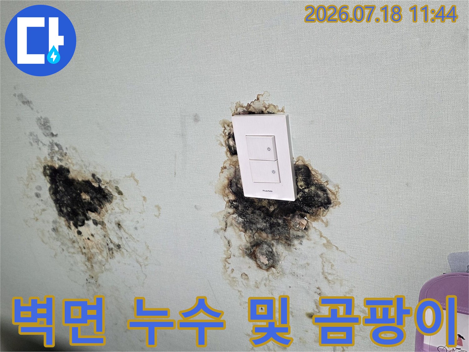 콘센트 주변으로 번진 누수로 인한 벽면 오염과 곰팡이 현상