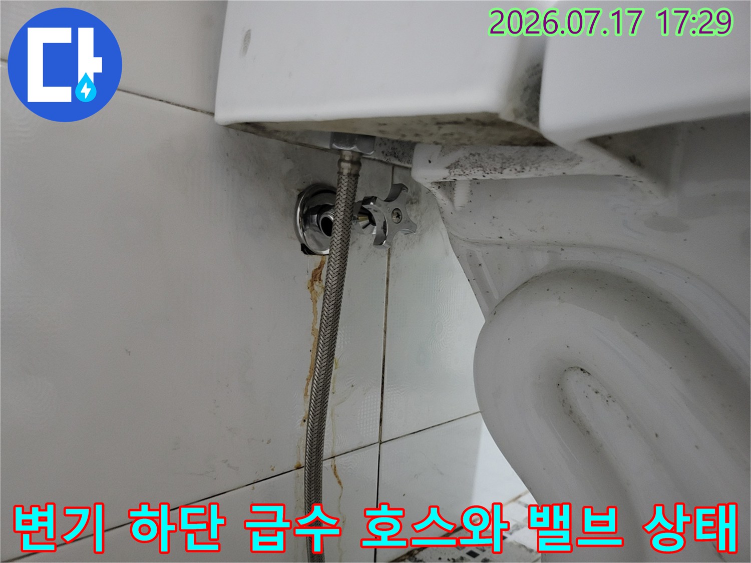 양변기 뒤쪽 벽면에 연결된 수도 앵글 밸브와 스테인리스 소재의 급수 호스 모습