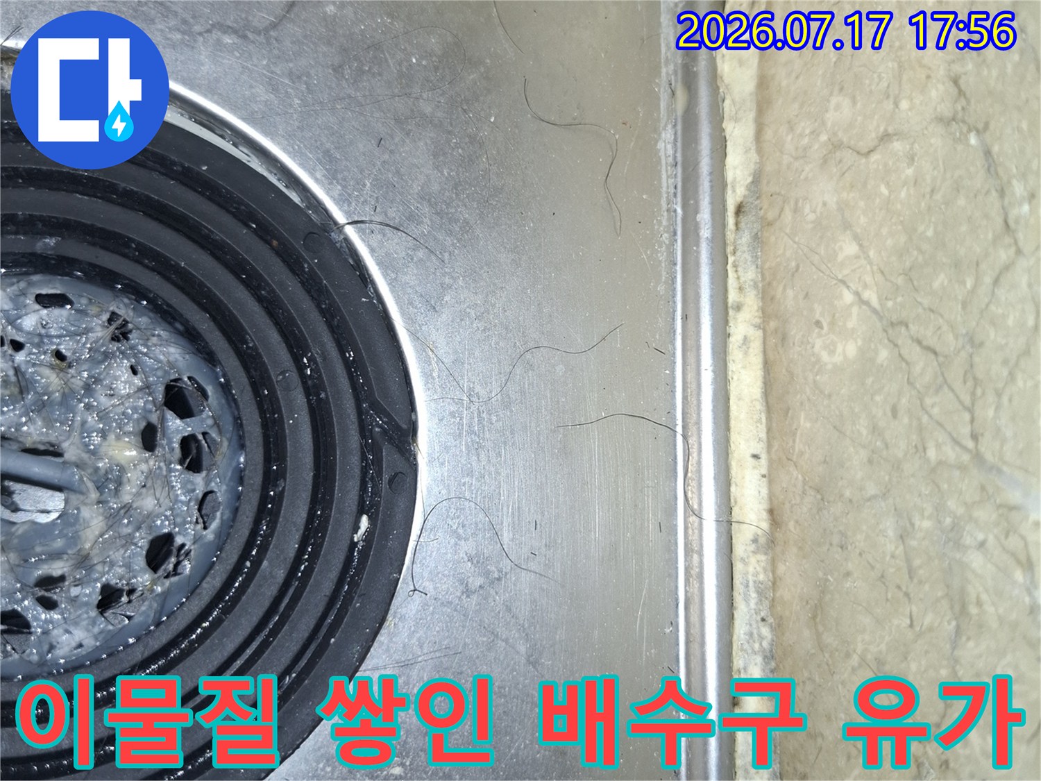 머리카락과 찌꺼기가 엉겨 붙은-화장실 바닥 스테인리스 배수구 상세 사진