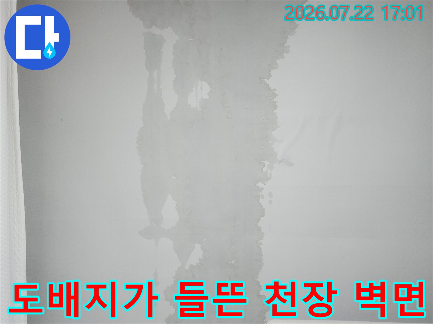 거실 쪽 천장벽에 습기가 스며들어 변색된 도배재 상태