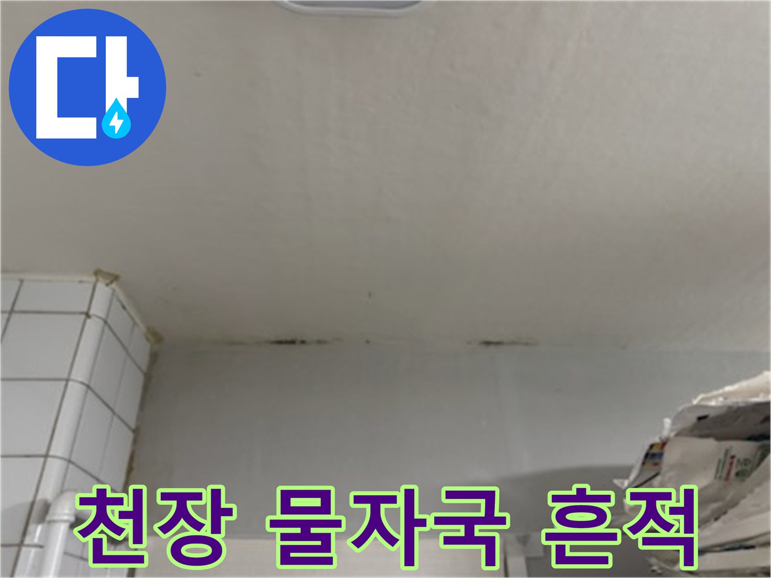 아파트 거실 천장에 발생한 젖은 얼룩과 습기 흔적
