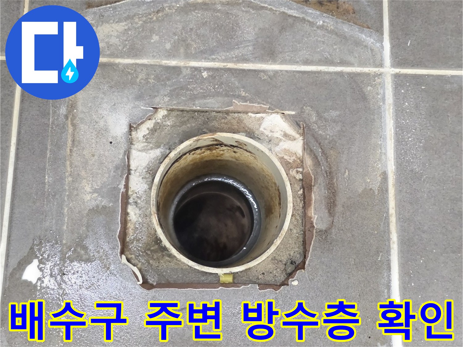 용인 기흥구-욕실 배수관 주변 타일 파손 및 방수층 노출 상태