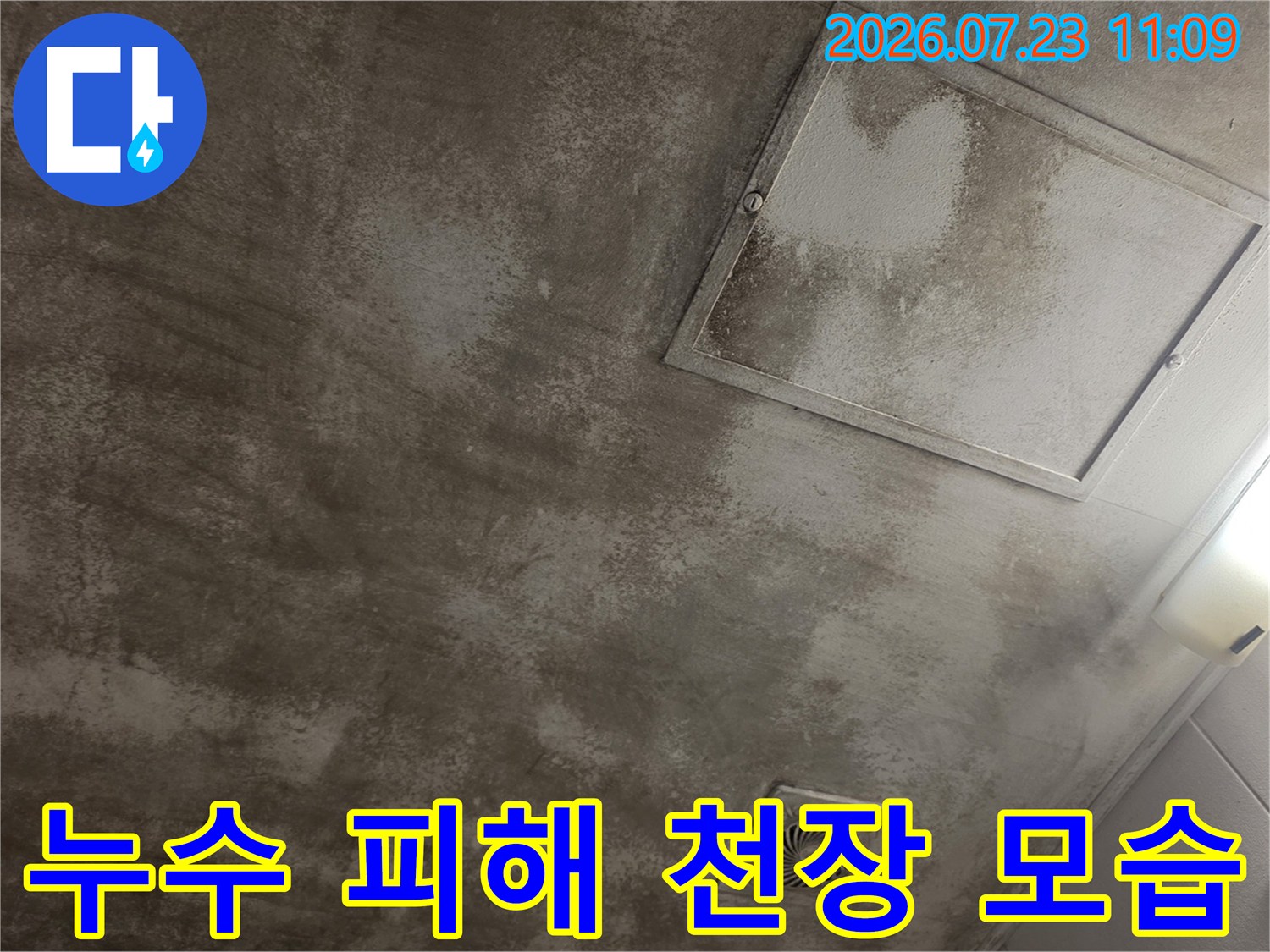 습기로 인해 색이 변한 천장 마감재와 환풍구 및 점검구가 보이는 사진