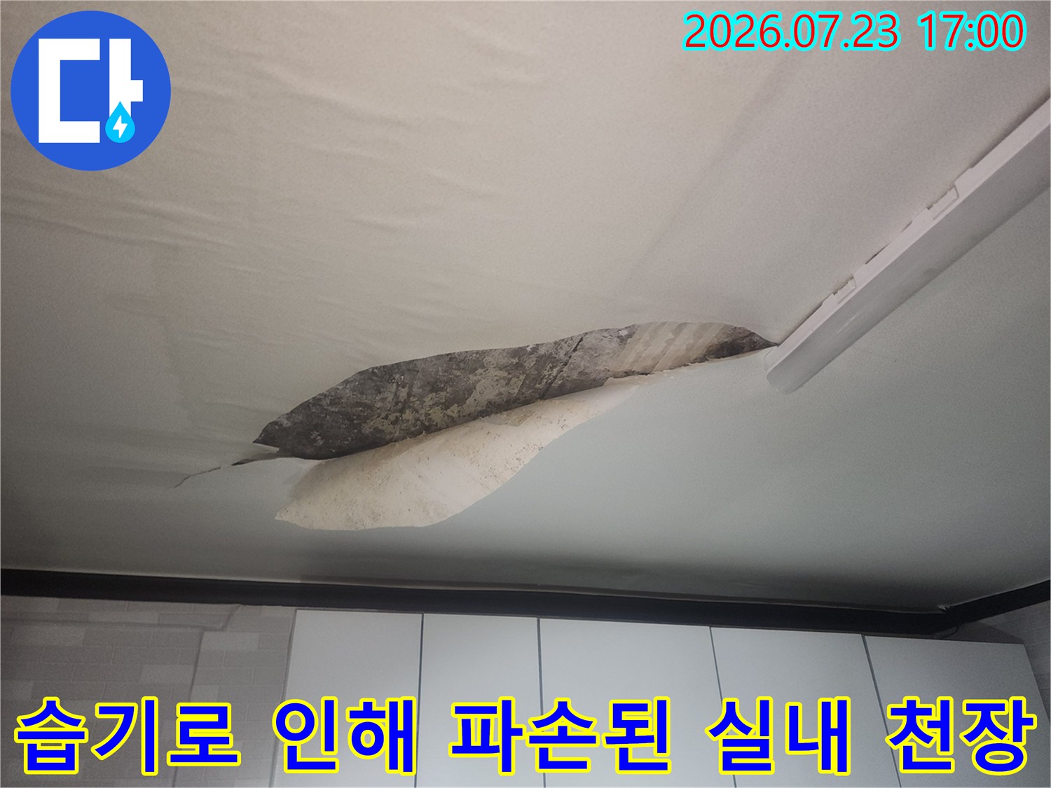 누수로 인해 변색되고 찢어진 천장 마감재와 그 내부의 어두운 얼룩-피해 모습