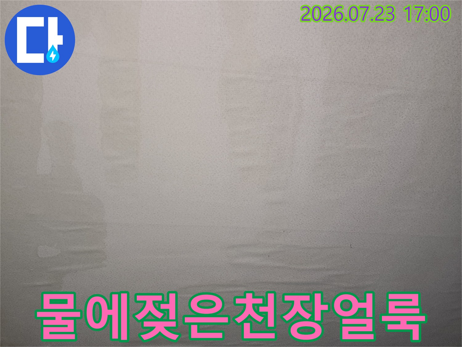 아랫집 거실 천장에 발생한 누수로 인해 하얗게 얼룩진 모습