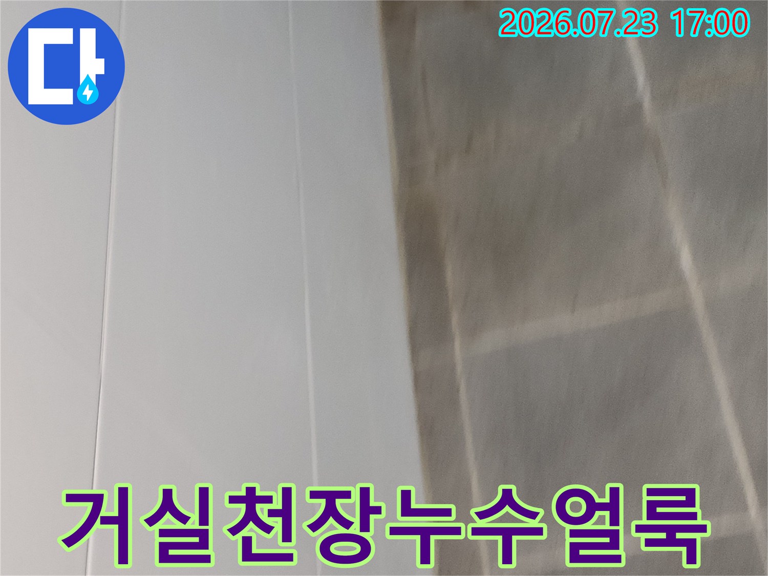 아랫집 거실 천장의 석고보드 표면이 젖어 색이 변하고 얼룩진 모습