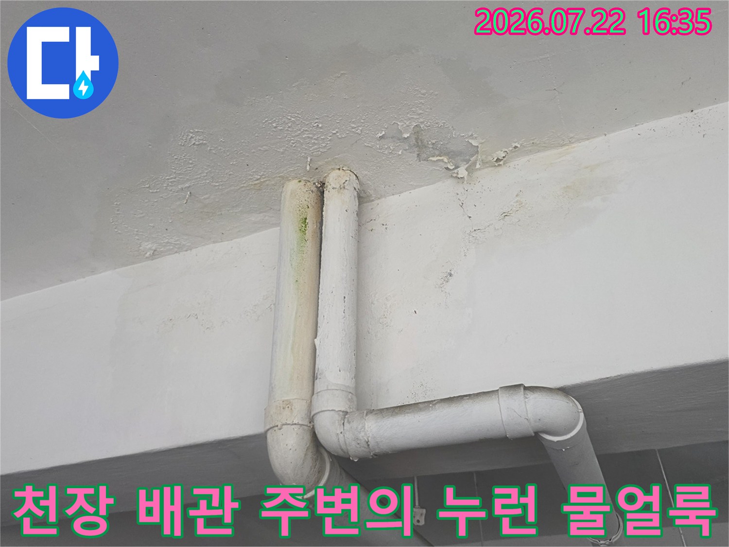 흰색 플라스틱 배관이 설치된 천장의 마감재가 물에 젖어 변색된 모습