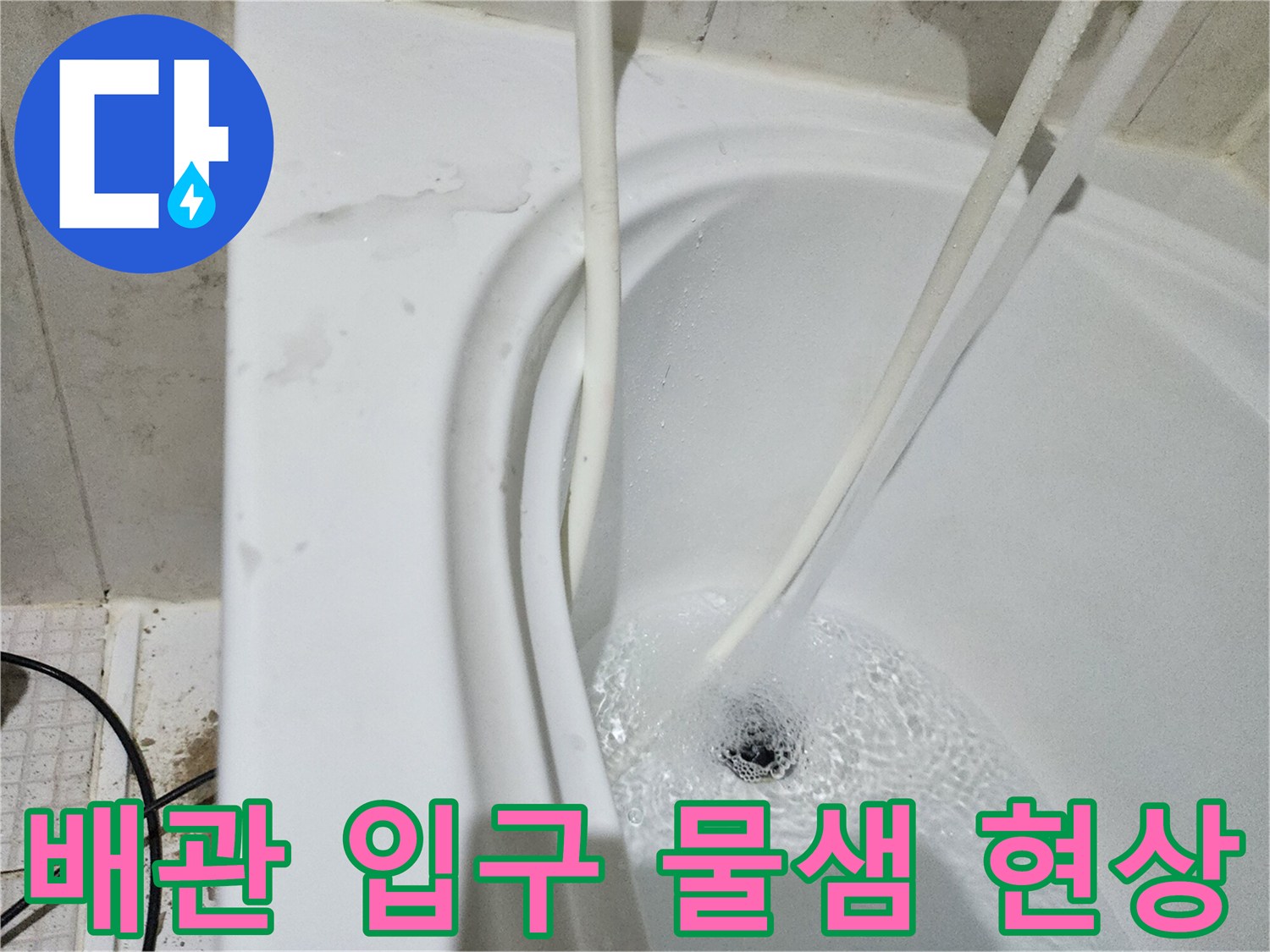 하수구 배관 주변의 거품과 습기를 촬영한 사진입니다.