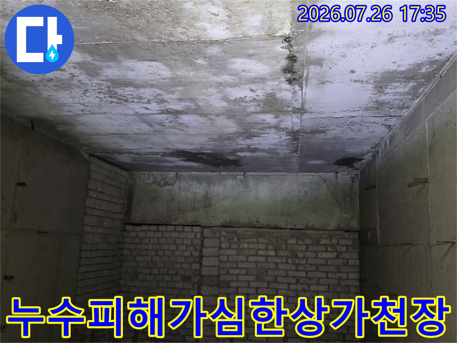 콘크리트 천장에 발생한 짙은 누수 얼룩과 습윤 현상이 나타난 내부 전경