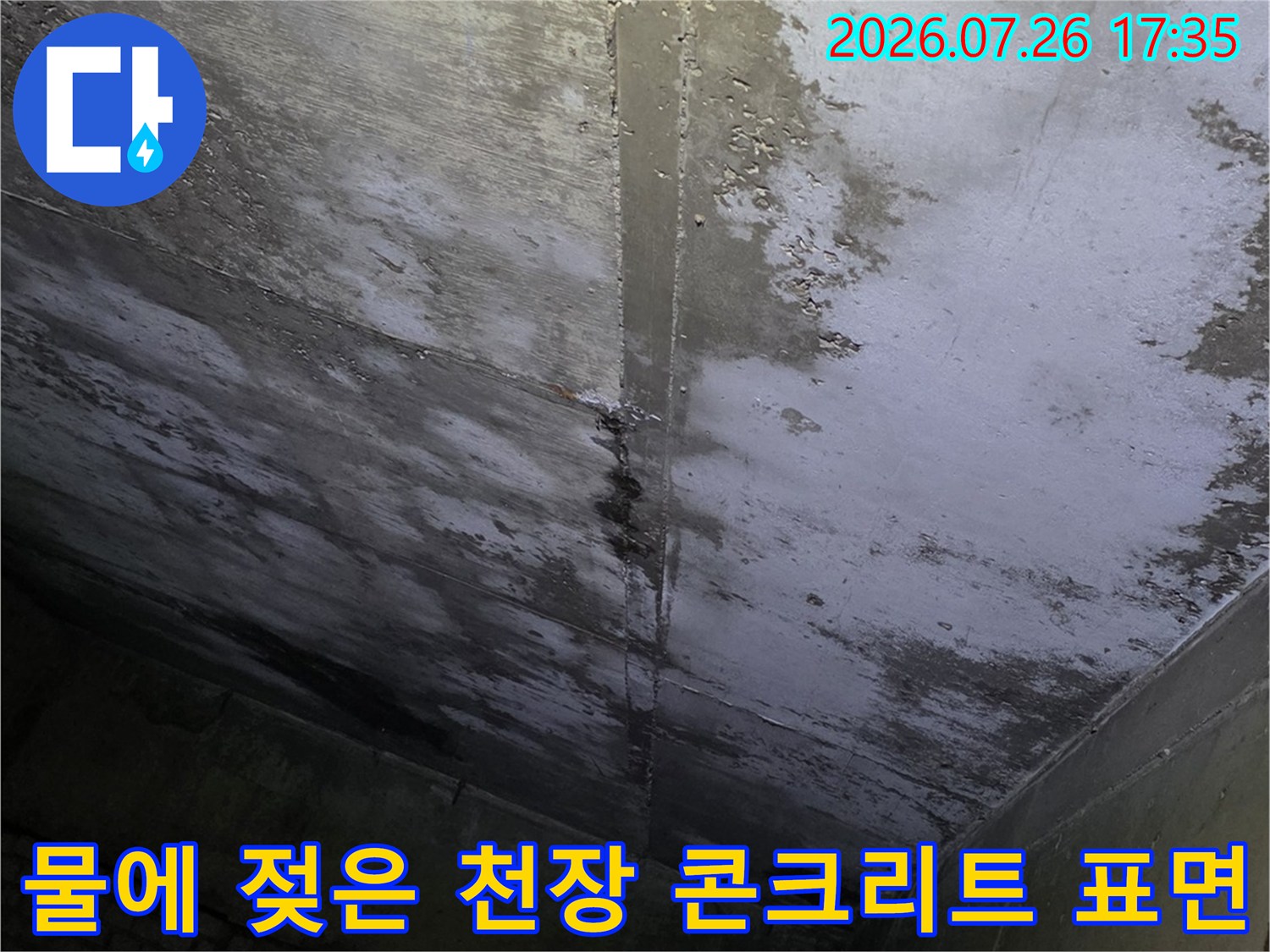 흰색과 회색으로 얼룩진 천장 슬래브의 습기 찬 모습-누수 피해 현장