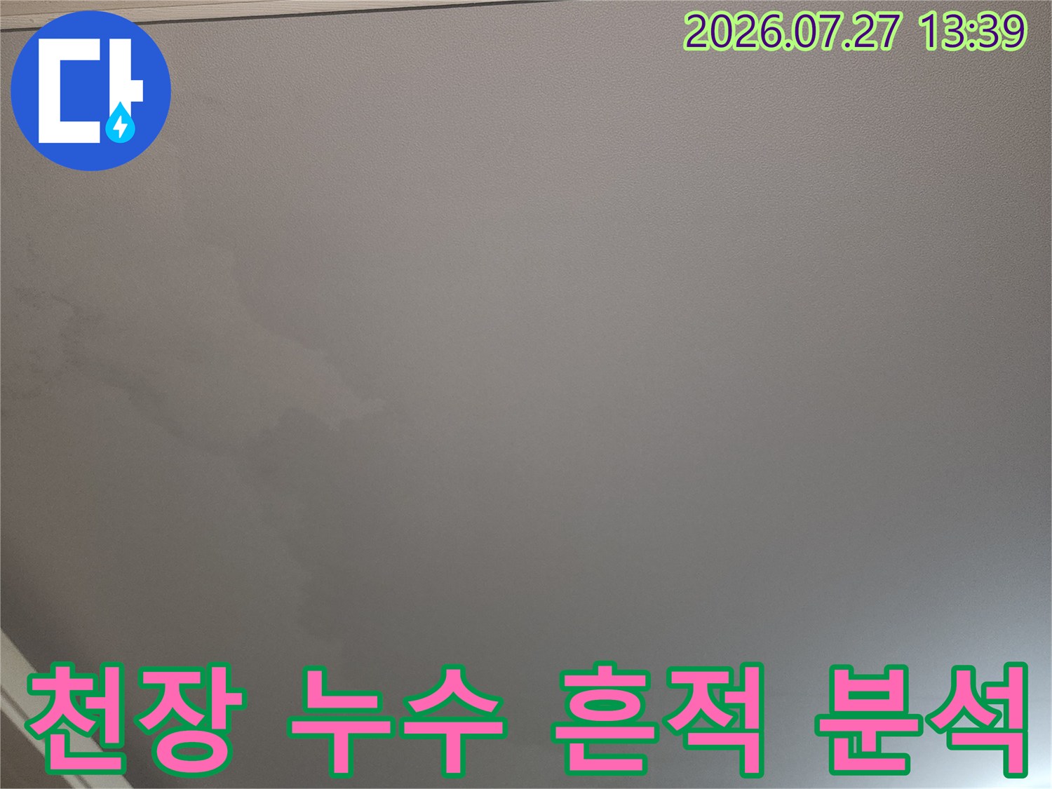 누수로 인해 회색과 흰색이 섞여 얼룩진 거실 천장의 상세 모습