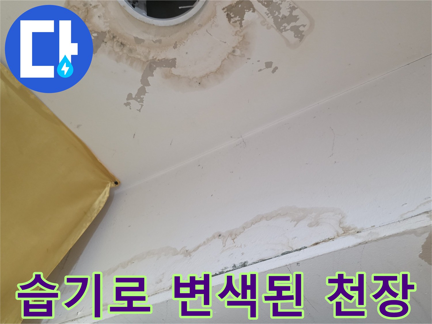 물샘-현상으로-인해-변색된-천장-마감재-부위