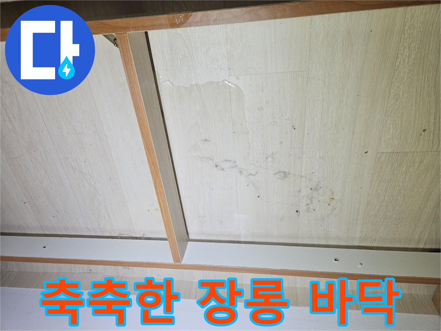 장롱 내부 하단부-습기가 스며든 나무 판재의 상태
