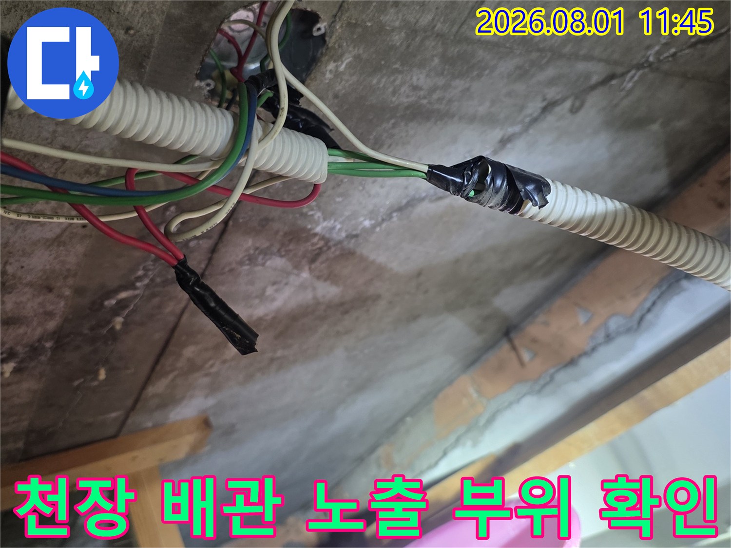 복잡한 천장 내부 구조와 배관 연결부를 면밀하게 점검하는 모습