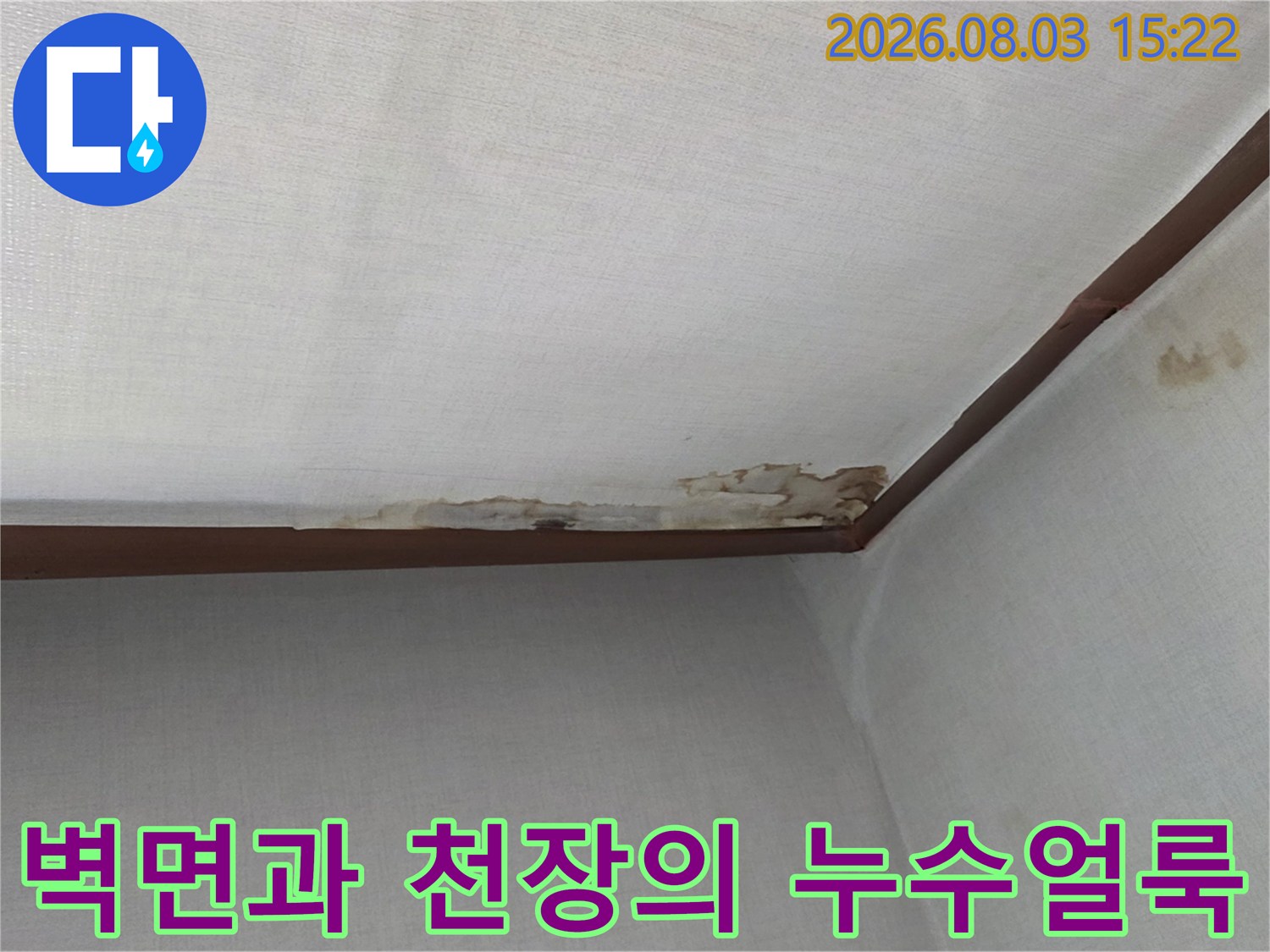 천장 모서리 부분에 곰팡이와 습기로 인한 변색이 발생한 현장 사진입니다.